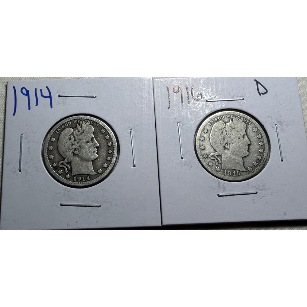 1914 & 1916-D Barber Quarter‎ Dollar US Silver Coin Lot 2pc 90% Silver Junk S140